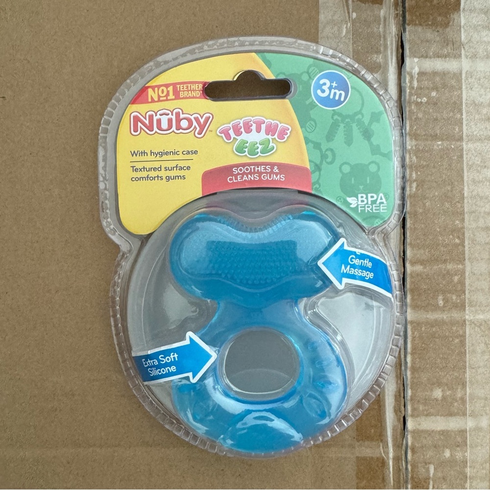 3 Nuby Silicone Teethe-EEZ Teether with Bristles, Includes Hygienic Case, Blue